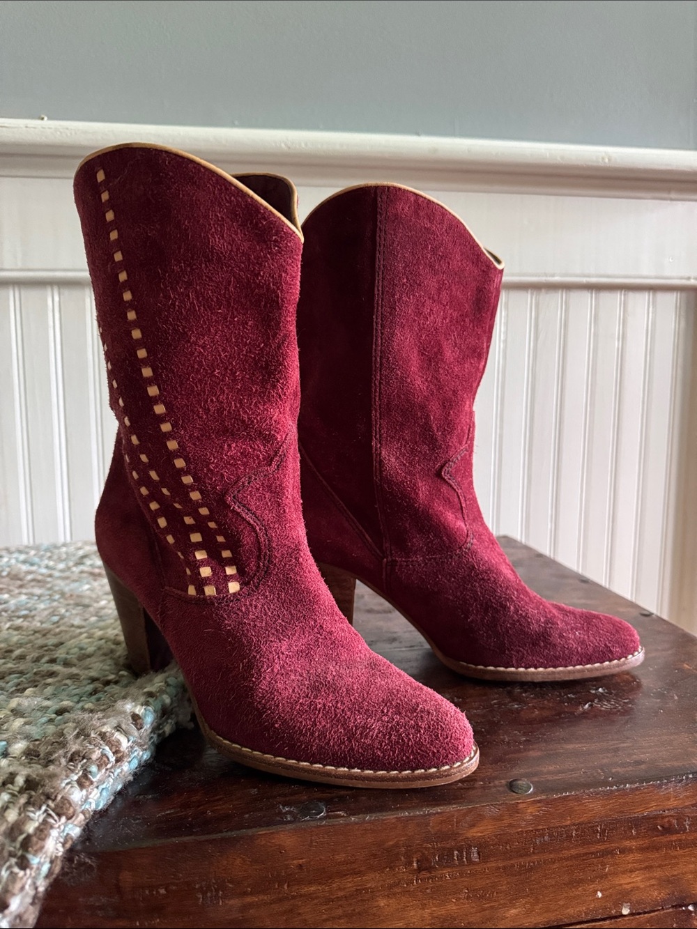 Vintage 80s Buskens Brazil Dakota Burgundy Suede Cowboy Boots 6.5